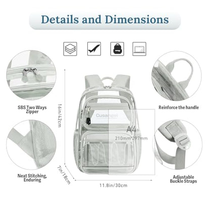 Cusangel Large Clear backpack for girls,16in TPU Plastic See Through Heavy Duty Bookbag,Stadium,school, and other security check locations(Grey) - color: Grey-16in