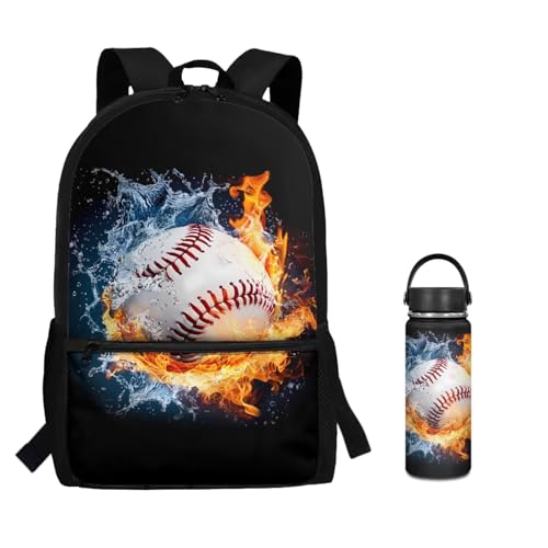 ZOUTAIRONG Flaming Water Baseball Design Casual Backpack for School and Small Thermos School Bags for Girls 7-10/10-12/12-16, Casual Book Bag with 2 Side Pockets - color: Flaming Water Baseball Design