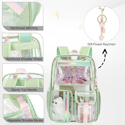 Clear Backpack for Girls Women, School Bookbag Heavy Duty See Through Backpacks (Matcha Green) - color: Matcha Green