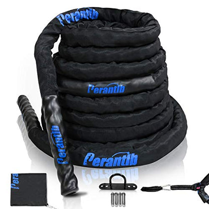 Perantlb Battle Rope With Wear-Resistant Nylon Protective Sleeve - Heavy Battle Rope for Strength Training, Home Fitness Exercise - Anchor Strap Kit Included - style: 2" x 40 ft Length