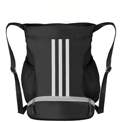 Soccer Bag, Youth Soccer Basketball Bag with Compartments Drawstring Backpack for Football Volleyball Gym Training (Black) - color: Black