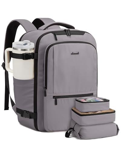 LOVEVOOK Travel Backpack for Women & Men, 50L Large Carry On Backpack Airline Approved, TSA Personal Item Weekender Bag, Water Resistant Laptop Backpacks with 3 Packing Cubes for Travel Essentials - color: Grey, size: 19 Inch - 4 Pcs