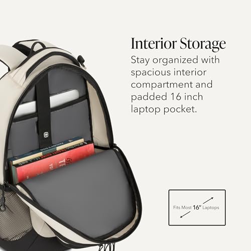 SWISSGEAR Cecil 18-Inch Laptop Backpack Fits 16-Inch Laptop, Travel Daypack with Organizer Pockets, Water Bottle Holders & Padded Straps – Cream/Black - color: Cream/Black