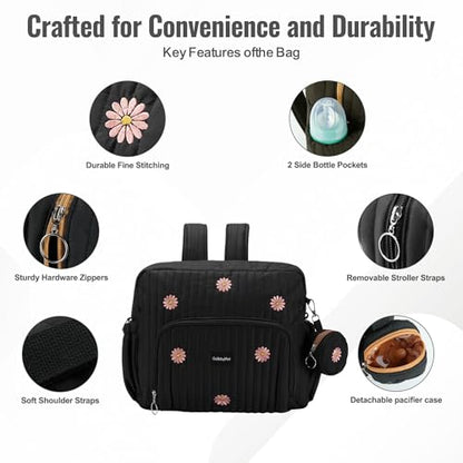 GOBABYMART Diaper Bag Backpack, Medium Maternity baby bag & Changing Pad, Insulated Pockets, Stroller Straps & Pacifier Case (Medium - Black Flowers) - color: Medium - Black Flowers