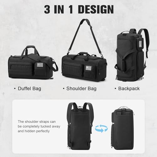 G4Free 3-in-1 Travel Duffle Bag for Men and Women, 50L Large Gym Sports Bags Tactical Military Duffle Backpack with Shoes Compartment and Wet Pocket (Black) - color: Black