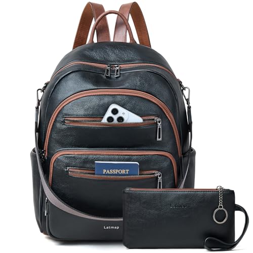 LATMAP Backpack Purse for Women Laptop Backpack, Leather Travel Back Pack Shoulder Bag Teacher College Daypack Work Handbag fits 14" Laptop, Black with Brown - color: Style1-black&brown