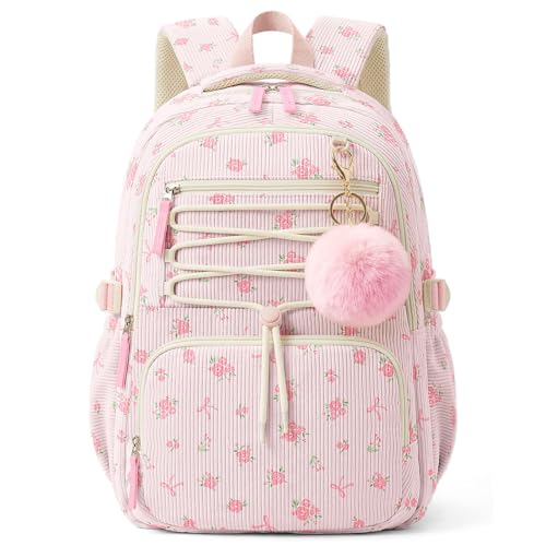 WOBAGMEN Corduroy Backpack for Kids Girls,Cute Aesthetic School Backpack with Multi-Pocket,Lightweight Bookbag Fits 15.6" Laptop,Large Capacity Casual Daypacks for Middle High School College, Pink Bow - color: Pink Bow Floral