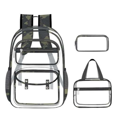 ACESAK Clear Backpack for Girls - 3 Pcs Clear Backpack Heavy Duty with Lunch Bag - See Through Bookbag Stadium Approved for Kids Middle High College School(Camouflage Green) - color: Camouflage Green