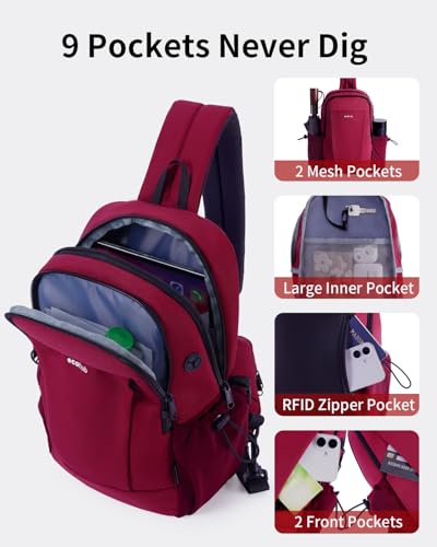 ECOHUB Anti-Theft Crossbody Bag Men Women, RFID Blocking Lightweight Sling Backpack Eco-Friendly with 9 Pockets Sturdy SBS Zippers Water Resistant for Travel Work Hiking Outdoor, Red - color: Red