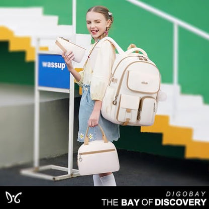 DIGOBAY Backpacks for Girls, 3PCS School Backpack with Lunch Box Pencil Pouch for Teen Girls Kids Elementary Primary Middle High College Travel School bag Bookbag Set （Beige-Khaki） - color: Beige-khaki