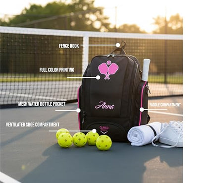 Personalized Pickleball Backpack - Large Pickle Ball Bag with Shoe Compartment, Fence Hook, Paddle Holder - Gifts for Men & Women - color: Black and Pink