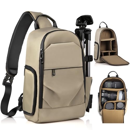 TAAOKA Camera Sling Bag, DSLR/SLR/Mirrorless Camera Backpack Case Shockproof Photography Backpack with Tripod Holder & Removable Modular Inserts Compatible with Canon/Nikon/Sony/Fuji - color: Coffee, size: Medium 9.06 x 5.12 x 15.16 inches