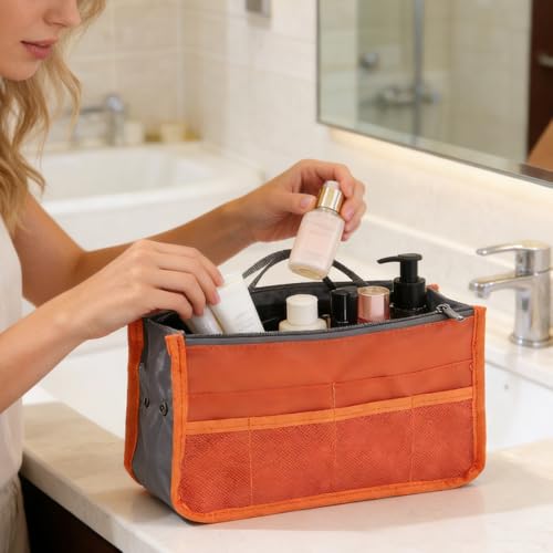 1 Piece Purse Organizer Insert, Foldable Bag in Bag Organizer, Multi-Pocket Tote Organizer, with Handheld Design, for Digital Accessories, Cosmetics (Orange) - color: Orange