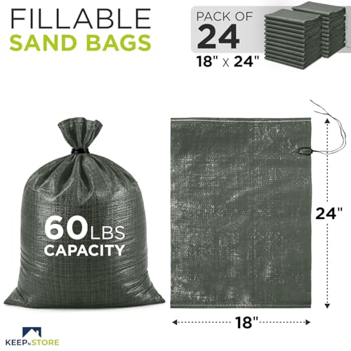 Heavy Duty Sand Bags Pack of 24, Army Green Empty Sandbags with Built-In Ties, Woven Polypropylene UV Protection 1600 Hours, Fillable Bags for Flood Control, Weight, 18x24 inches, 60 Pounds Volume - size: 18"W x 24"L, style: Pack of 24
