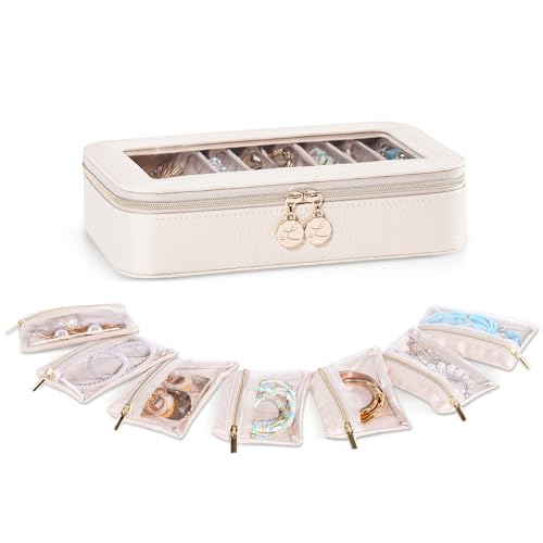 Lolalet 8 in 1 Travel Jewelry Case with Velvet Pouches, Clear Window Travel Jewelry Organizer Bags for Earrings, Bracelets, Necklaces and Rings, Compact Jewelry Storage for Women Girls -Beige, 7PCS - color: Beige, size: 1 Box + 7 Pouches
