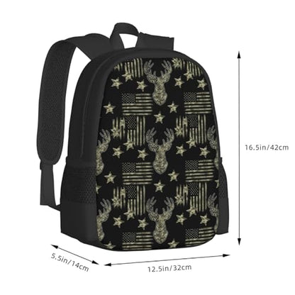 Ergonomic Padded Backpack Camouflage Hunting Deer Camo American Flag, Anti Theft Spacious Travel Daypack Sturdy Polyester Bag for Commute Gym Outdoor Leisure Use - color: Design (215)