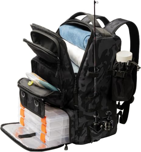Hp hope Fishing Backpack with Rod Holders & Cooler, 40L Fishing Tackle Bag Fishing Tackle Storage Backpack Fishing Gear for Camping, Black Camo - color: Black Camo