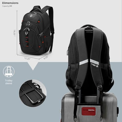 Swissdigital Design Laptop Backpack, Travel Backpack with USB Charging Port Fits 15.6 inches Computer, 31L College School Bookbag for Men, Black | SD803-01 - color: Black