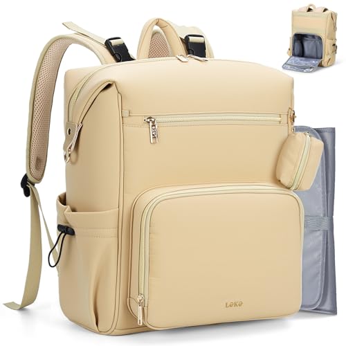 Lekesky Large Diaper Backpack with 16 Pockets, 1.52Lb Lightweight Durable Baby Bag, with Foldable Changing Pad & Pacifier Case, Anti-theft Pocket, Wipes Pocket, Easy to Clean, Khaki - color: Khaki