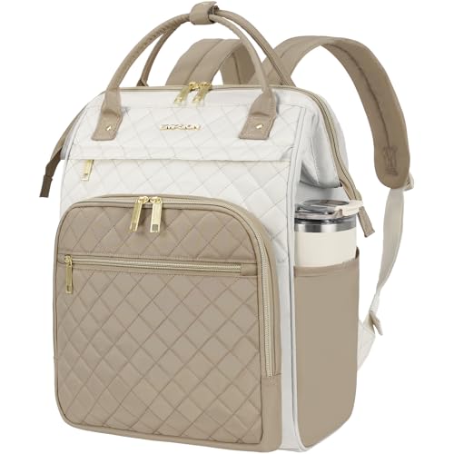 EMPSIGN 17 Inch Laptop Backpack for Women, Work Business Travel Computer College Bags, Large Capacity Water-repellent Quilted Casual Daypack, Beige-Khaki - color: Beige/Khaki, size: 17 inch