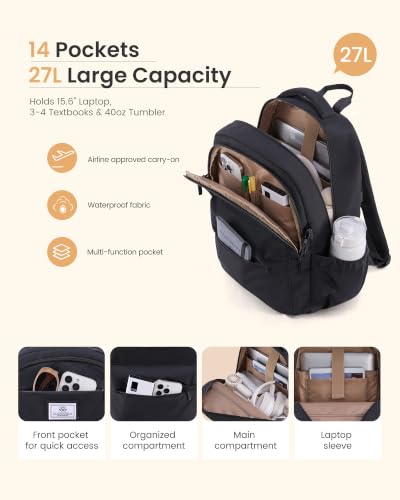 LOVEVOOK Laptop Backpack for Women Teens, 15.6" Computer Bag with 40oz Tumbler Buckle, College School Backpack,14 Pockets - color: Solid Black, size: 15.6inch