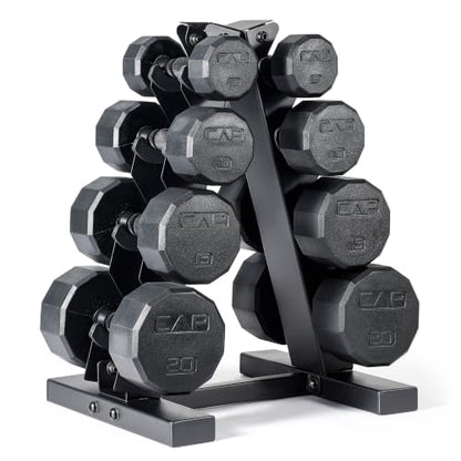 CAP Rubber Coated Hex Dumbbell Set with Storage Rack | 100–210 lb Options, Space-Saving Vertical Compact Storage for Home Gym Strength Training - size: 100 lb - Set, style: 12-Sided Black Handle