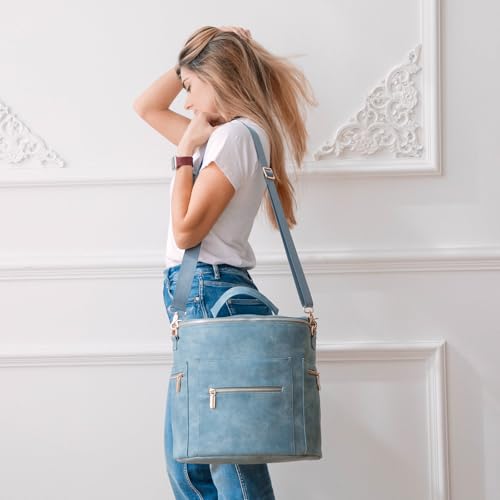 miss fong Diaper Bag Backpack Baby Diaper Bag, Large Leather Diaper Backpack with 16 Pockets Travel Diaper Bag with Diaper Changing Pad, Stroller Straps & 2 Insulated Pockets - color: Blue Fog