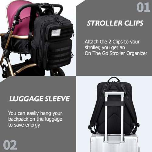 LORADI Large Dad Diaper Bag Backpack, Tactical Style, Black | Stroller Clips, Luggage Sleeve for Travel, Insulated Pockets - color: Black