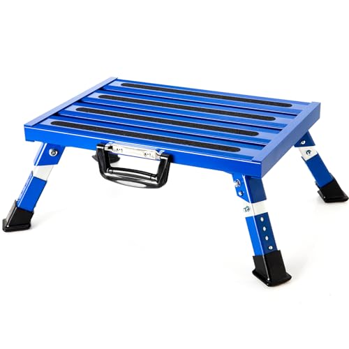 Homeon Wheels Aluminium RV Steps Adjustable Folding Step Stool with Non-Slip Rubber Feet, Stable Platform, Safety Strips, Handle, Easy Carry, Outdoor Camper Trailer Travel - Blue - color: Blue