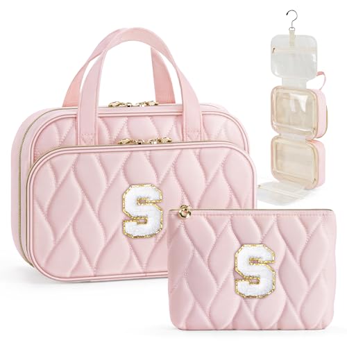 YOOLIFE Hanging Toiletry Bag - Large Capacity Personalized Travel Toiletry Bag for Women, Cruise Ship Essentials - Letter S, Pink - color: Pink, style: S