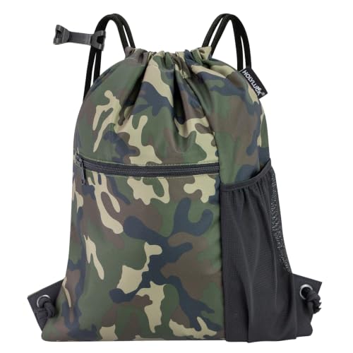 HOLYLUCK Men & Women Outdoor Sport Gym Sack Waterproof Drawstring Backpack Bag (Standard With Drawstring, Green Camo) - color: Green Camo, style: Standard With Drawstring