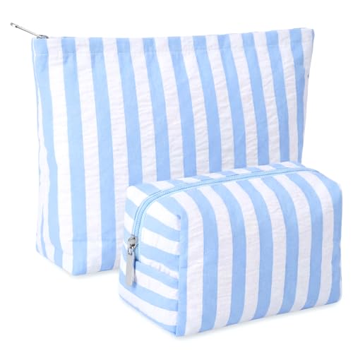 Huhumy 2 Pcs Makeup Bag Set Cute Cosmetic Pouch for Women Seersucker Travel Toiletry Bag Preppy Small Makeup Purse Pouch Aesthetic Skincare Brushes Storage Organizer for Valentine Women(Blue Wide) - color: Blue, style: Wide Striped Seersucker