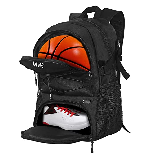 WOLT Basketball Backpack Large Sports Bag with Separate Ball Holder & Shoes Compartment, Best for Basketball, Soccer,Gym - color: Black