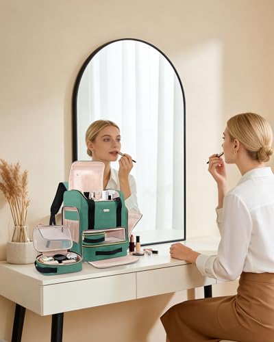 BALULHG Large Portable Travel Makeup Bag with 3 Removable Transparent Case, Dual-Shoulder Multi-Functional Cosmetic Bag,Double Layer Big Capacity Makeup Bag Backpack, Patent Pending - color: Green