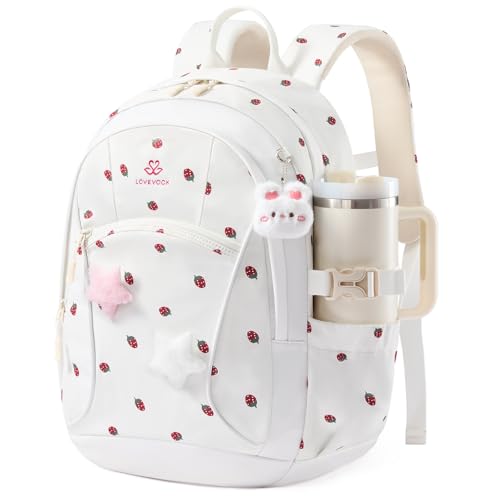 LOVEVOOK School Backpack for Teen Girls & Kids, Lightweight Large Capacity Waterproof Bookbag with 15.6" Laptop Compartment, Cute Ergonomic Bag for Elementary Middle School Students - color: White Strawberry Print, size: 15.6 inch