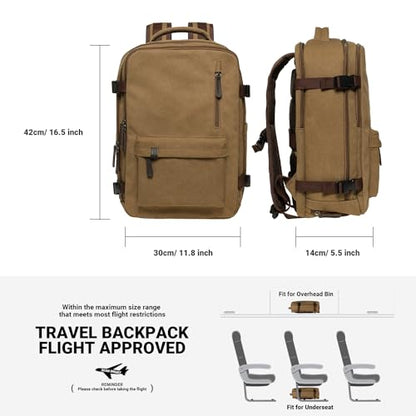 KAUKKO Canvas Travel Backpack, Personal Item Airline Approved, Carry On Backpack with Multi-Pockets and Shoe Pouch, fit 15.6 inch Laptop, 40L Weekender Bag, 11-KHAKI - color: 11-khaki