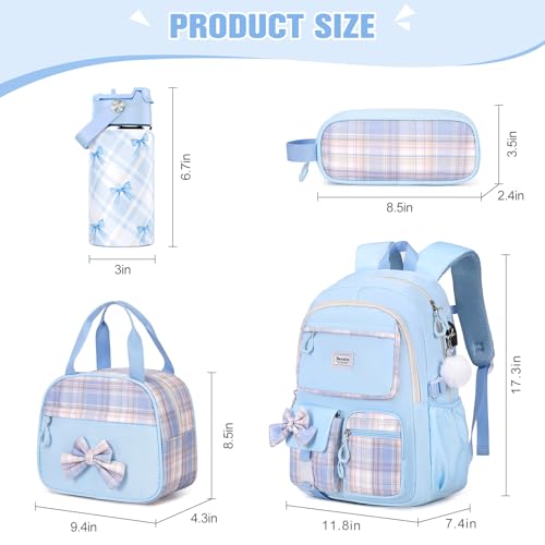 Bevalsa Backpack for Girls, Bow Plaid Bookpack with 14oz Insulated Water Bottle, Lunch Bag & Pen Case, Schoolbag for Kids & BPA-FREE Stainless Steel Metal Cup for Elementary Middle Student (Blue) - color: Blue Plaid