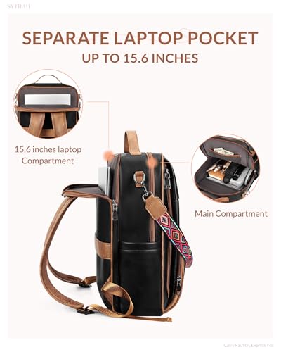 SYTRAH Leather Laptop Backpack, 15.6 Inch Business Computer Bag, Designer College Backpack Travel Backpack with Colorful Shoulder Bag Strap Black Brown - color: Black Brown