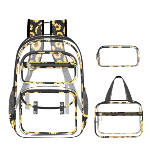 ACESAK Clear Backpack for Girls - 3 Pcs Clear Backpack Heavy Duty with Lunch Bag - See Through Bookbag Stadium Approved for Kids Middle High College School(Black Daisy) - color: Black Daisy
