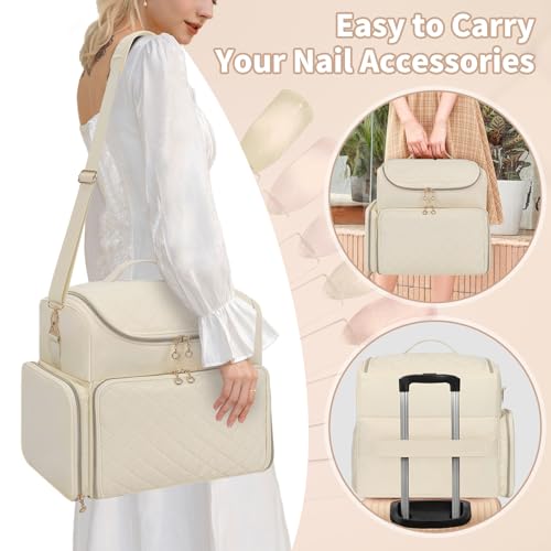 CUBETASTIC Extra Large Nail Polish Organizer Case Holds 86 to 100+ Bottles Nail Polish & Nail Lamp, Nail Supplies Storage Carrying Bag with 2 Removable Pouches - color: Beige