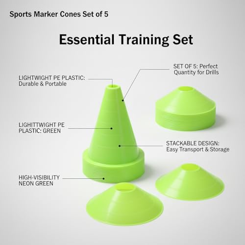 Sports Marker Cones Set of 5, Stackable PE Plastic Training Markers for Agility Drills and Field Boundaries (Set of 5)
