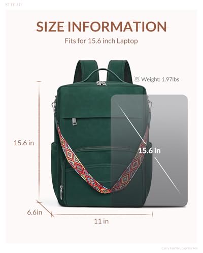 SYTRAH Leather Laptop Backpack, 15.6 Inch Business Computer Bag, Designer College Backpack Travel Backpack with Colorful Shoulder Bag Strap Green - color: Green