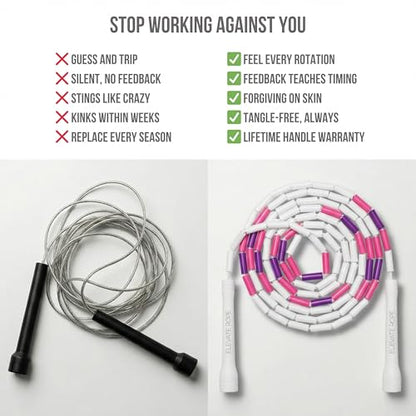 Pro-Grade Beaded Jump Rope for Beginners - color: White/Purple/Pink