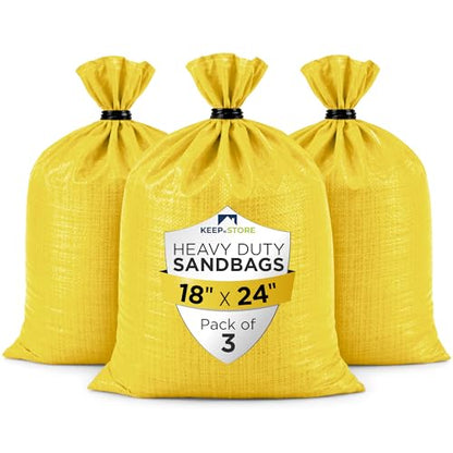 Heavy Duty Sand Bags Pack of 3, Bright Yellow Empty Sandbags with Built-In Ties, Woven Polypropylene UV Protection 1600 Hours, Fillable Bags for Flood Control, Weight, 18x24 inches, 60 Pounds Volume - size: 18"W x 24"L, style: Pack of 3