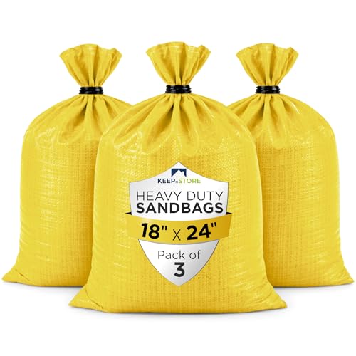 Heavy Duty Sand Bags Pack of 3, Bright Yellow Empty Sandbags with Built-In Ties, Woven Polypropylene UV Protection 1600 Hours, Fillable Bags for Flood Control, Weight, 18x24 inches, 60 Pounds Volume - size: 18"W x 24"L, style: Pack of 3