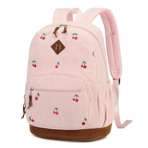 mygreen Corduroy Backpack with Cute Embroidery Daily School Bag Cherry Pink - color: Cherry Pink
