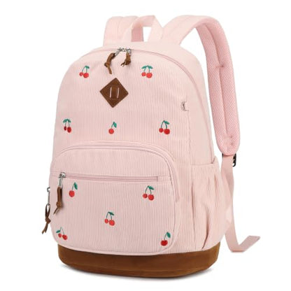 mygreen Corduroy Backpack with Cute Embroidery Daily School Bag Cherry Pink - color: Cherry Pink