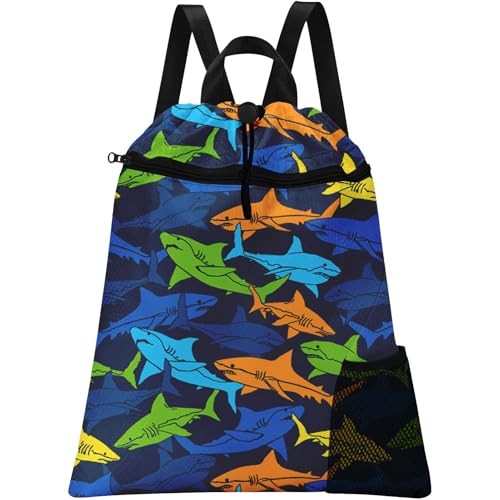Shark Drawstring Backpack, 15” x 17” Waterproof Swim Bag for Beach Swimming Pool, Lightweight Foldable Gym Bag with Water Bottle Holder for Sports Travel - color: Colorful Shark