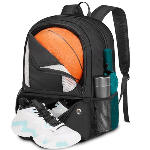 YOREPEK Basketball Backpack, Lightweight Basketball Bag with Ball Holder & Shoes Compartment, Sports Backpack Training Equipment Fit Soccer Volleyball Football - color: Black