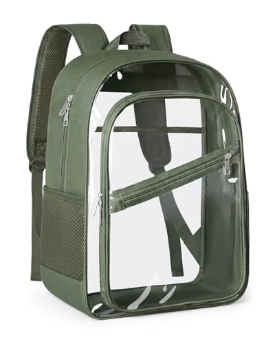 KIMNERPU Clear Backpack, Fabric & PVC Transparent Bookbag with Padded Straps for Women Men, Large Capacity 4-Layers See Through Heavy Duty Back Pack for Work Travel Concert Festival L (Military Green) - color: Military Green, size: Large(17.5"H)